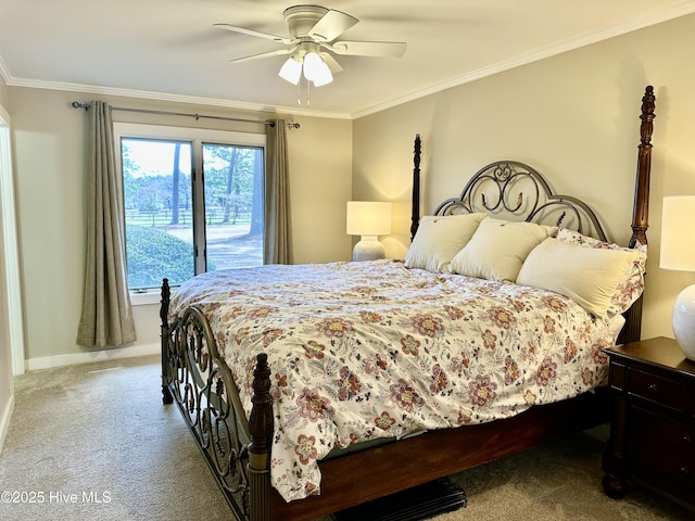 bedroom featuring ornamental molding, carpet, a ceiling fan, and baseboards