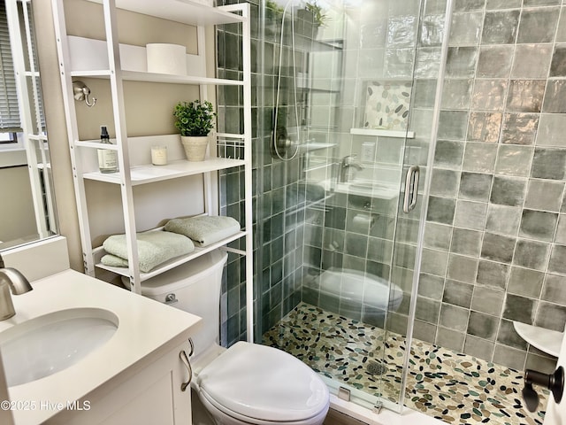 full bath with toilet, a stall shower, and vanity