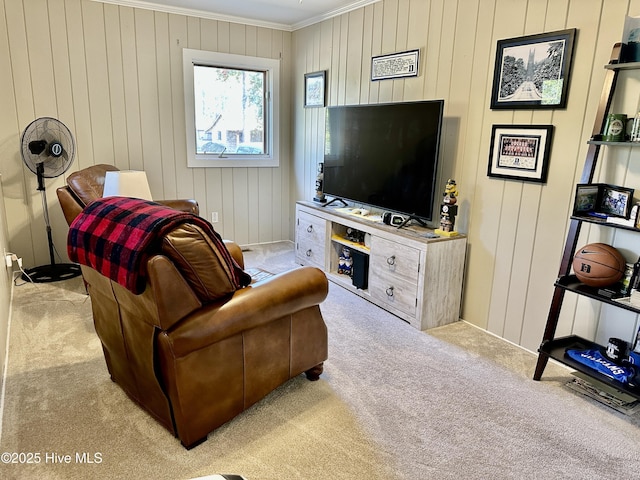 living room featuring ornamental molding and carpet