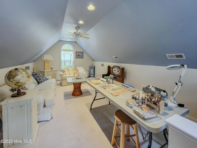 interior space featuring visible vents, vaulted ceiling, a ceiling fan, and recessed lighting