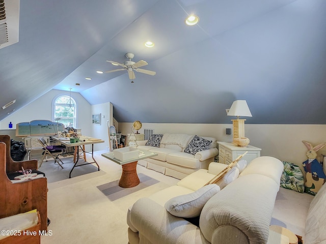 carpeted living area featuring lofted ceiling, visible vents, a ceiling fan, and recessed lighting