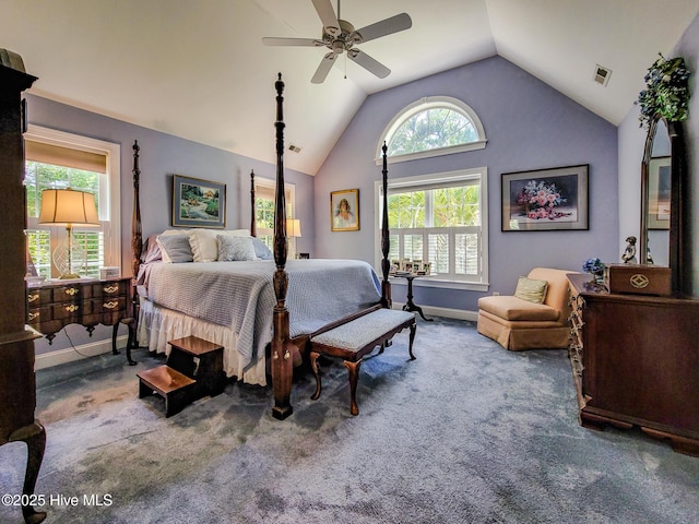 bedroom featuring ceiling fan, high vaulted ceiling, carpet flooring, visible vents, and baseboards