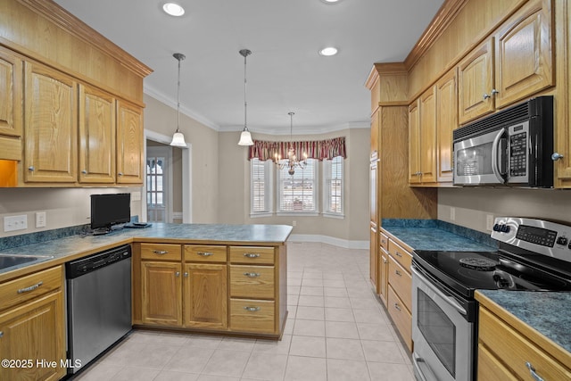 kitchen with crown molding, light tile patterned floors, dark countertops, appliances with stainless steel finishes, and a peninsula