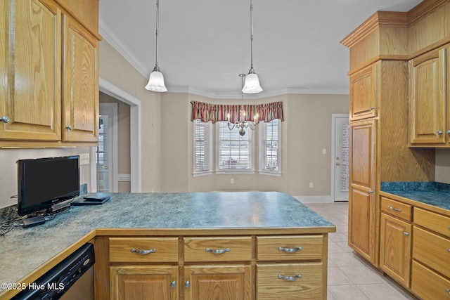 kitchen with hanging light fixtures, light tile patterned floors, ornamental molding, and stainless steel dishwasher