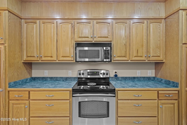 kitchen with stainless steel appliances and light brown cabinetry