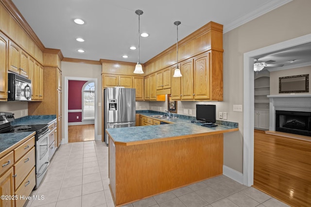 kitchen featuring a fireplace with raised hearth, light tile patterned floors, a peninsula, ornamental molding, and appliances with stainless steel finishes