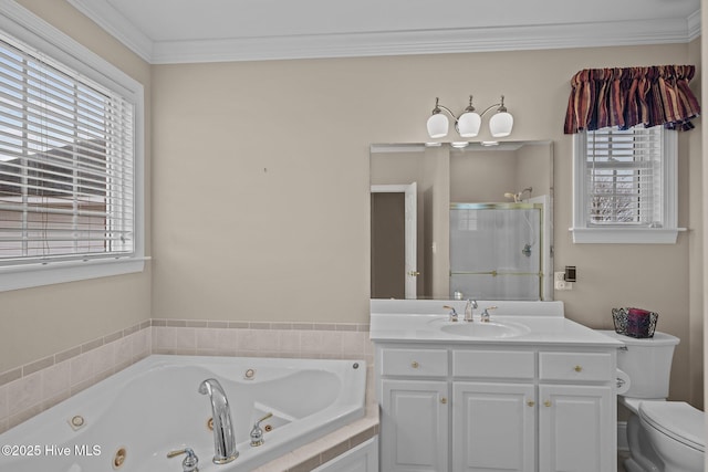 full bathroom featuring a whirlpool tub, ornamental molding, a stall shower, and toilet