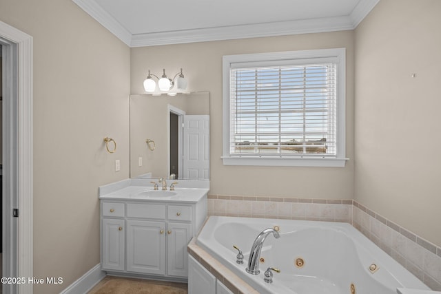 full bath with crown molding, vanity, and a tub with jets