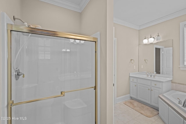 bathroom featuring tile patterned flooring, crown molding, a shower stall, and vanity