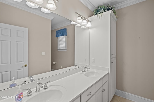 bathroom featuring ornamental molding, tile patterned floors, a sink, and double vanity