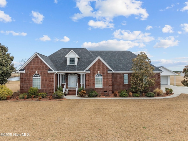 view of front of home featuring crawl space, roof with shingles, a garage, and brick siding