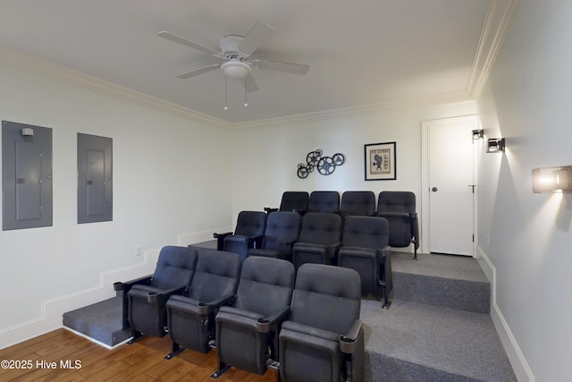 cinema room with ornamental molding, wood finished floors, electric panel, and baseboards