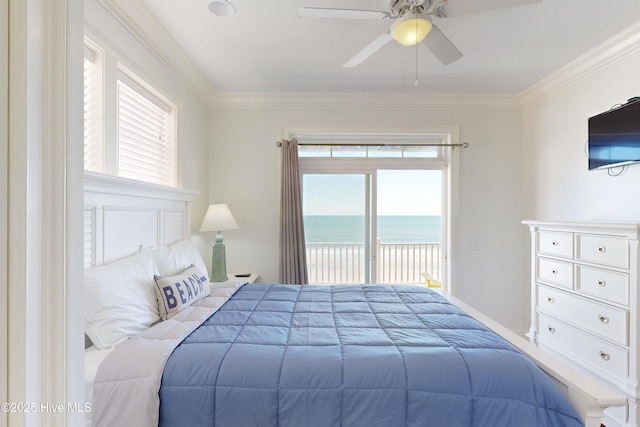 bedroom with access to exterior, multiple windows, ornamental molding, and a ceiling fan