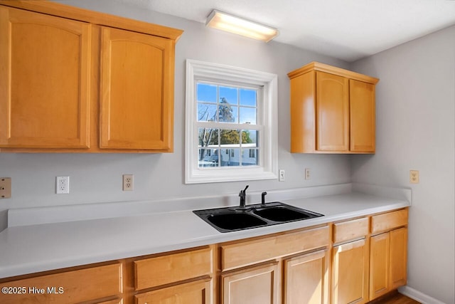 kitchen with light countertops, a sink, and light brown cabinets