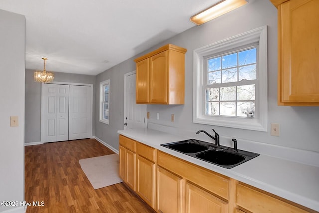 kitchen with baseboards, wood finished floors, light countertops, light brown cabinetry, and a sink