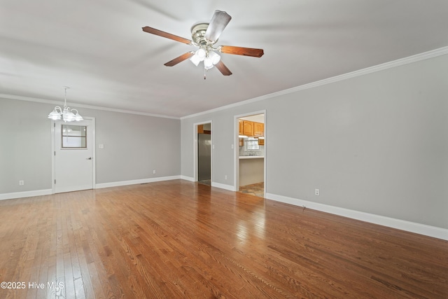 unfurnished living room with baseboards, crown molding, ceiling fan with notable chandelier, and light wood-style floors