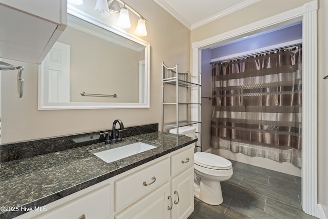 bathroom featuring ornamental molding, shower / bath combo, vanity, and toilet