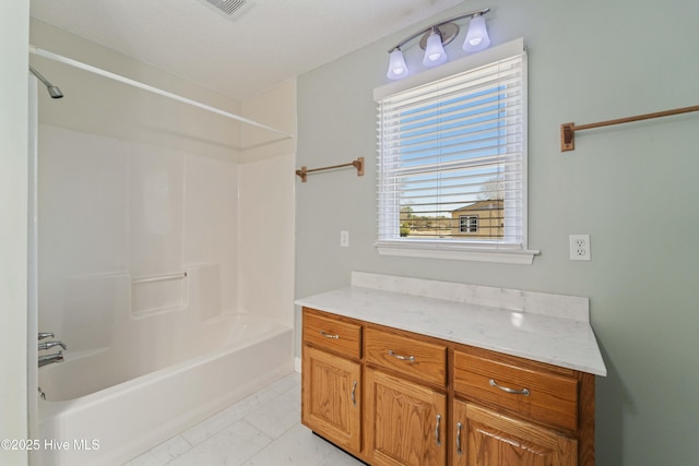 full bathroom with shower / bathing tub combination, vanity, and visible vents