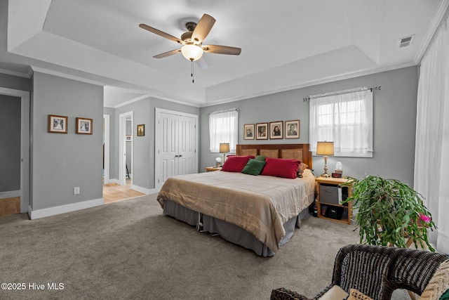 bedroom featuring a tray ceiling, visible vents, and multiple windows