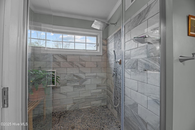 bathroom with a shower stall and crown molding