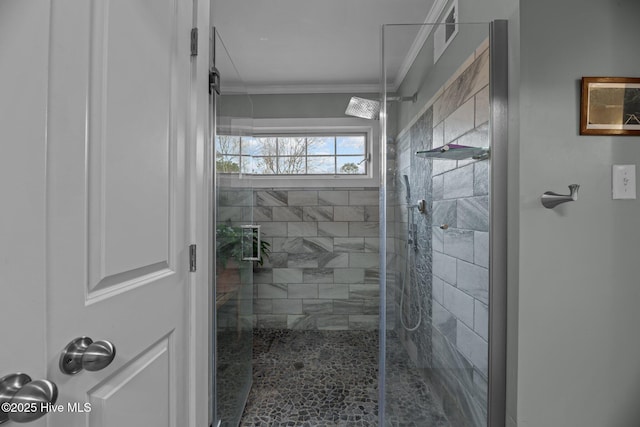 full bathroom featuring a shower stall and crown molding