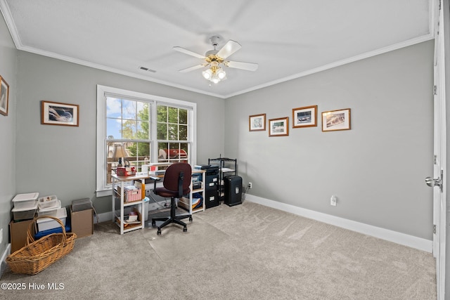 carpeted home office featuring baseboards, a ceiling fan, visible vents, and crown molding