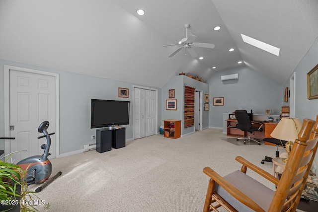 office featuring a wall unit AC, lofted ceiling with skylight, carpet floors, and baseboard heating