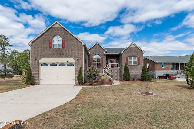 view of front of property with a garage, concrete driveway, brick siding, and a front yard