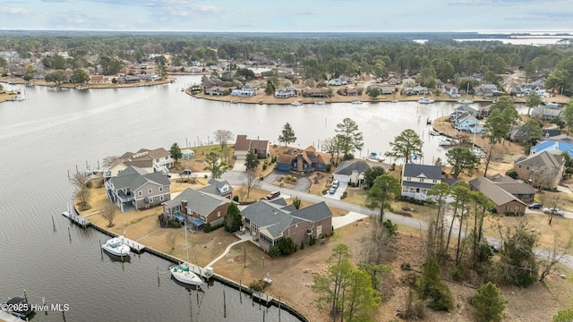 aerial view featuring a residential view and a water view