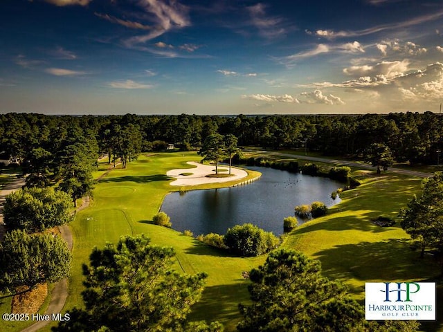 drone / aerial view with view of golf course, a water view, and a wooded view