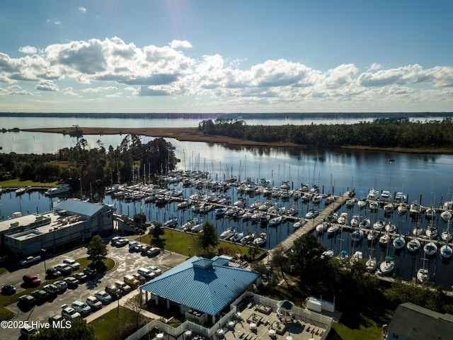 birds eye view of property with a water view