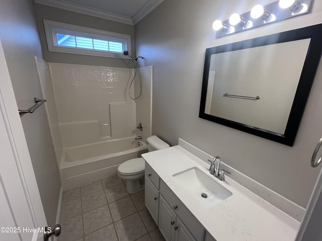 bathroom with shower / washtub combination, toilet, ornamental molding, vanity, and tile patterned floors