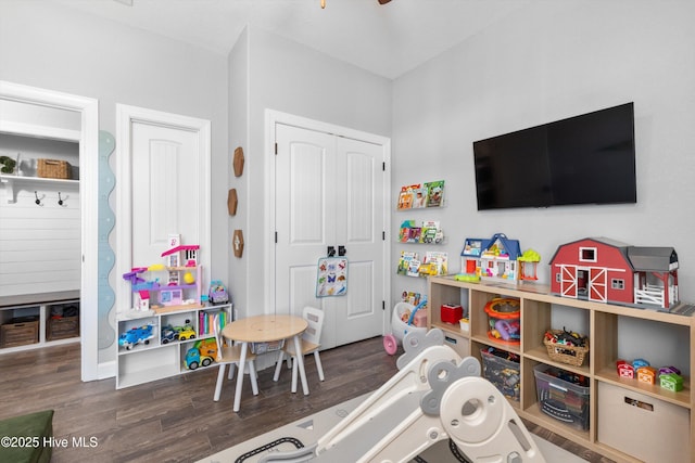 rec room featuring wood finished floors and ceiling fan