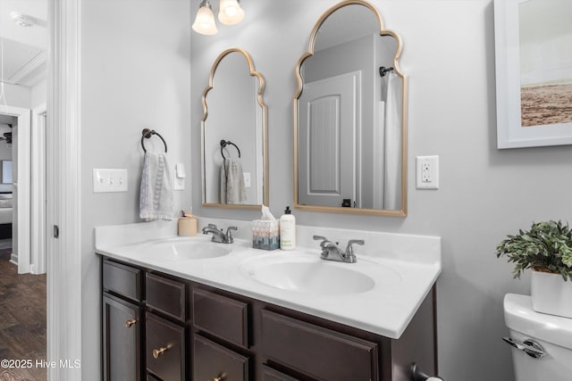 bathroom with double vanity, toilet, wood finished floors, and a sink