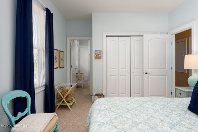 bedroom with multiple windows, a closet, and carpet flooring