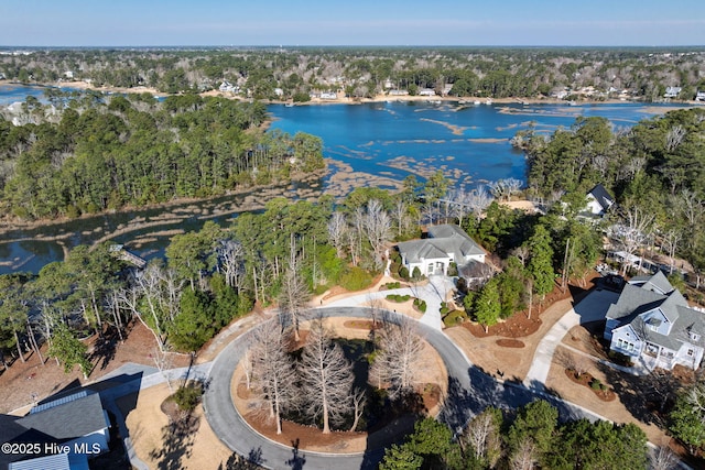 aerial view with a forest view and a water view