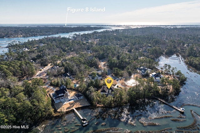 drone / aerial view featuring a water view and a view of trees