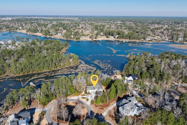 birds eye view of property featuring a water view and a forest view