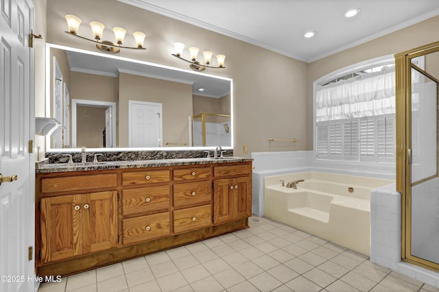 full bathroom featuring a stall shower, double vanity, crown molding, and a bath