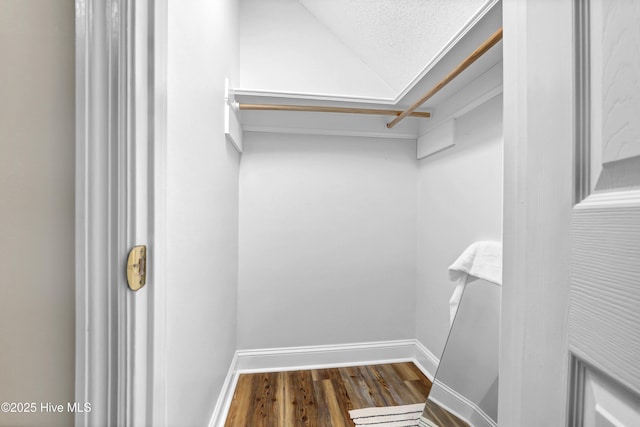 walk in closet with vaulted ceiling and wood finished floors