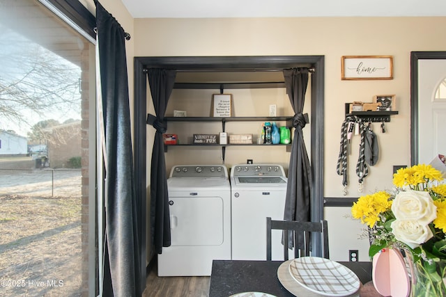 laundry area with laundry area, washer and dryer, and wood finished floors