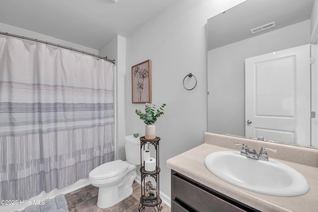 bathroom with vanity, toilet, a shower with curtain, and visible vents