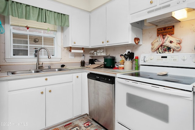 kitchen featuring electric range, light countertops, stainless steel dishwasher, under cabinet range hood, and a sink