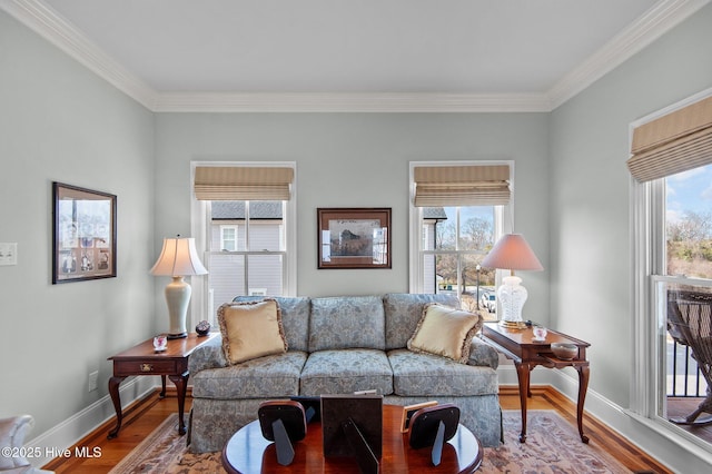 living room with ornamental molding, plenty of natural light, baseboards, and wood finished floors