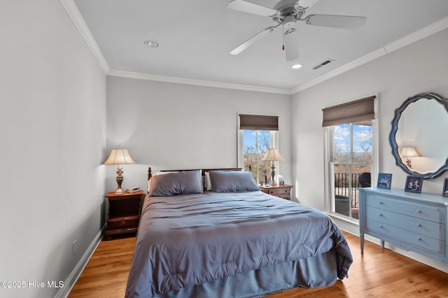 bedroom with access to outside, light wood-type flooring, visible vents, and baseboards