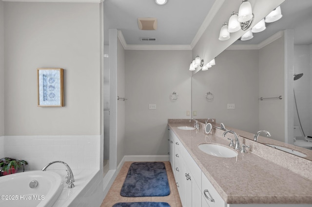 bathroom featuring a relaxing tiled tub, double vanity, ornamental molding, a sink, and tile patterned flooring