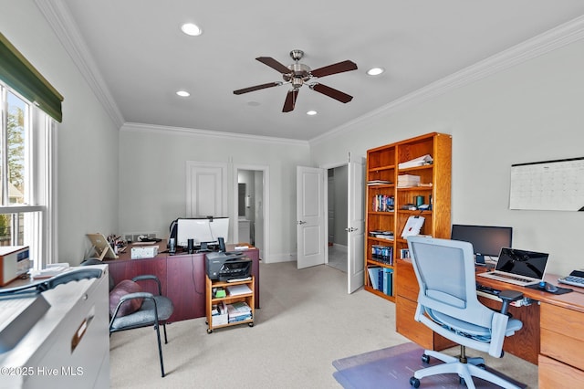 office space with baseboards, light colored carpet, ceiling fan, crown molding, and recessed lighting