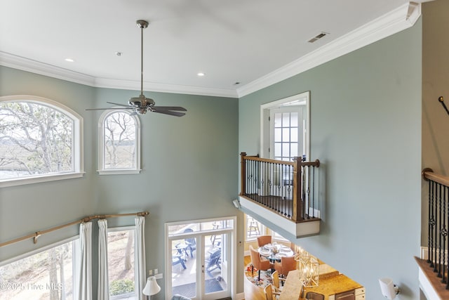 details with a ceiling fan, recessed lighting, visible vents, and ornamental molding