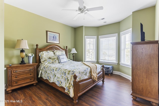 bedroom featuring a ceiling fan, wood finished floors, visible vents, and baseboards