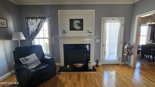 living area with a fireplace with flush hearth, wood finished floors, a wealth of natural light, and crown molding